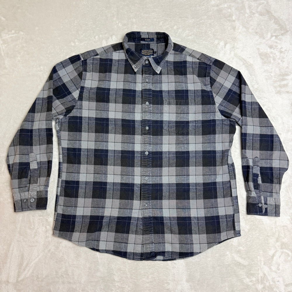Pendleton Mason Plaid Flannel Shirt Mens XL Gray Navy Button Down Outdoors EUC